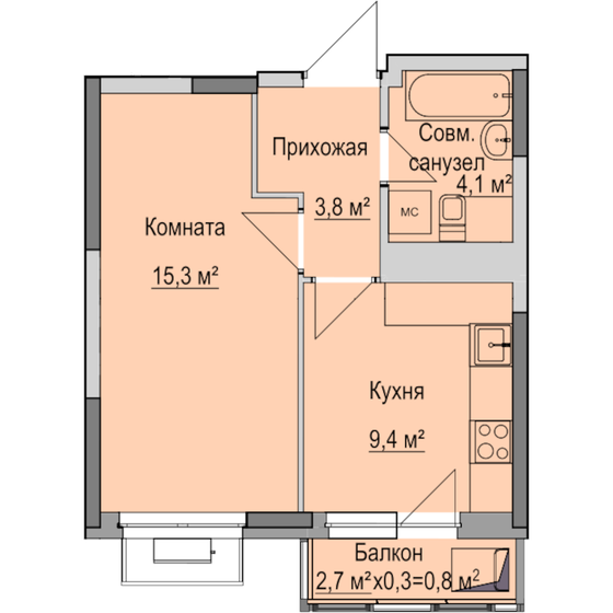 33,4 м², 1-комнатная квартира 4 077 000 ₽ - изображение 1