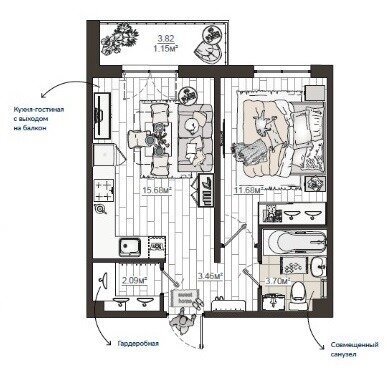 36,5 м², 1-комнатная квартира 6 400 000 ₽ - изображение 1