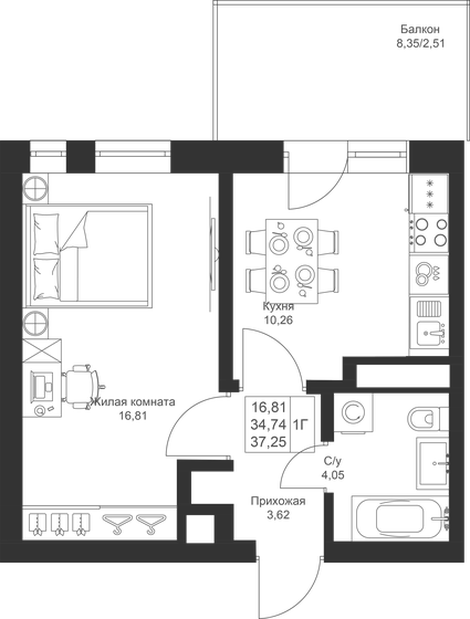 37,3 м², 1-комнатная квартира 6 556 000 ₽ - изображение 1