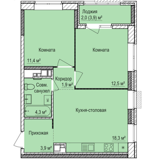 54,3 м², 2-комнатная квартира 4 913 000 ₽ - изображение 1