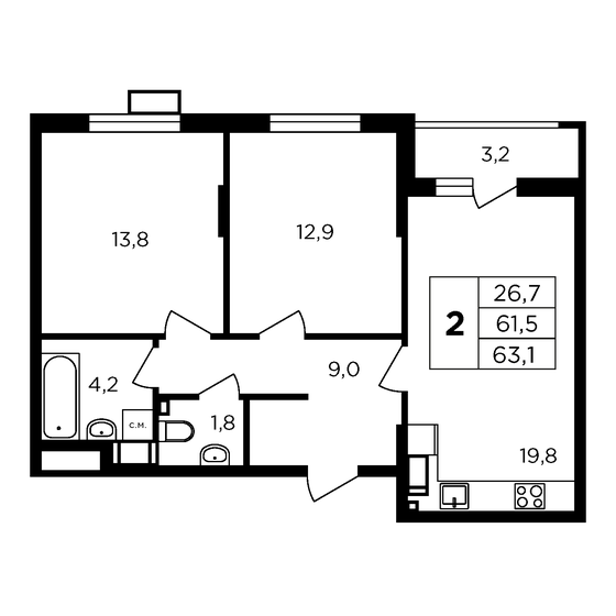 64,7 м², 2-комнатная квартира 7 174 470 ₽ - изображение 1