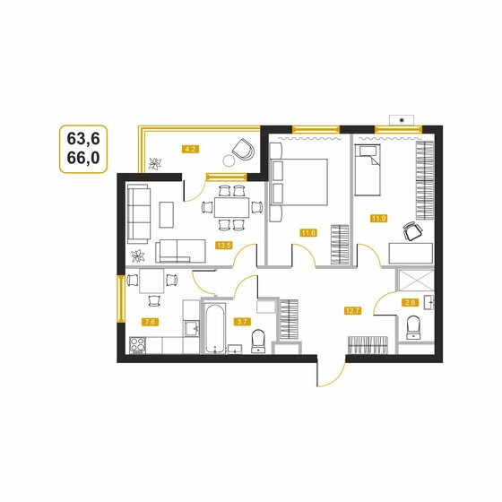 65,8 м², квартира-студия 9 152 780 ₽ - изображение 1