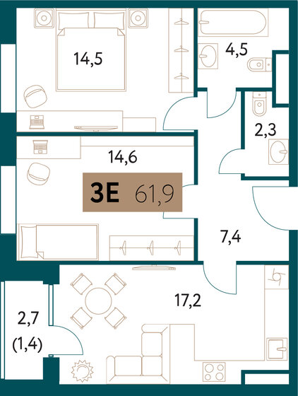 62,1 м², 3-комнатная квартира 35 530 672 ₽ - изображение 1