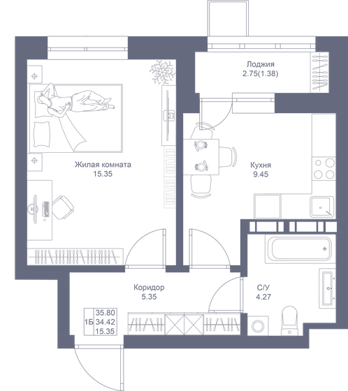 35,8 м², 1-комнатная квартира 8 627 800 ₽ - изображение 1