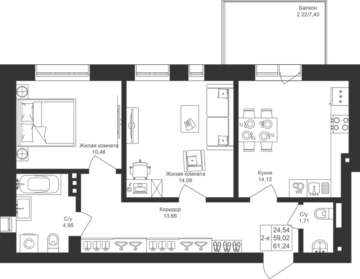 61,2 м², 2-комнатная квартира 8 267 400 ₽ - изображение 1