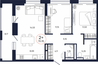 69 м², 2-комнатная квартира 9 150 000 ₽ - изображение 19