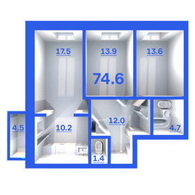 Квартира 74,6 м², 3-комнатная - изображение 1