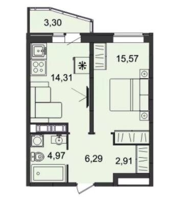 44,3 м², 1-комнатная квартира 10 191 879 ₽ - изображение 1