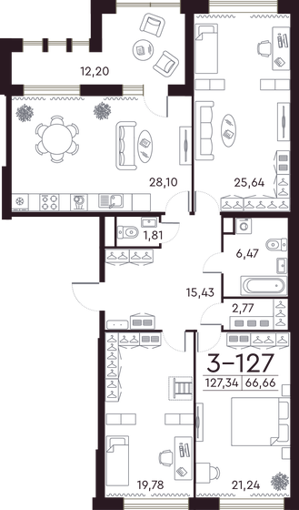 127,5 м², 3-комнатная квартира 43 135 064 ₽ - изображение 1