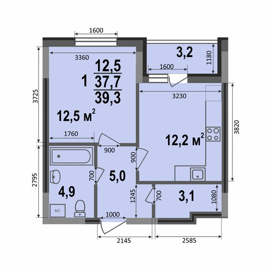 39,3 м², 1-комнатная квартира 3 620 316 ₽ - изображение 1
