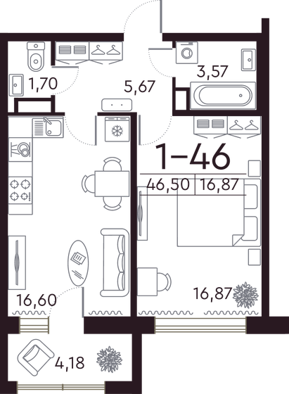 46,4 м², 1-комнатная квартира 22 383 134 ₽ - изображение 1