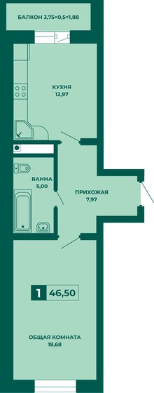 46,5 м², 1-комнатная квартира 5 487 000 ₽ - изображение 1