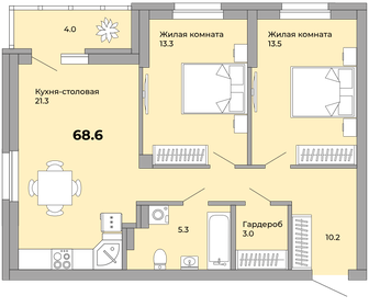 Квартира 68,6 м², 2-комнатная - изображение 1