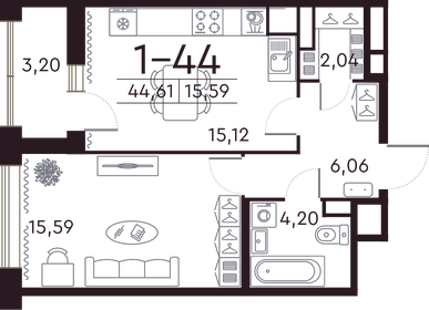 Квартира 44,6 м², 1-комнатная - изображение 1