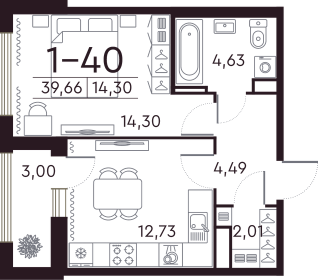 39,7 м², 1-комнатная квартира 19 740 520 ₽ - изображение 1