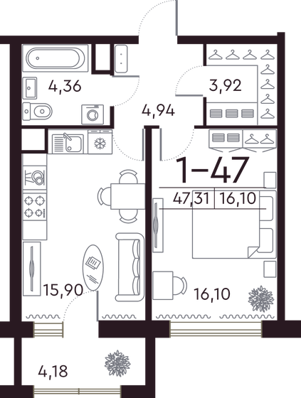 47,2 м², 1-комнатная квартира 23 807 910 ₽ - изображение 1