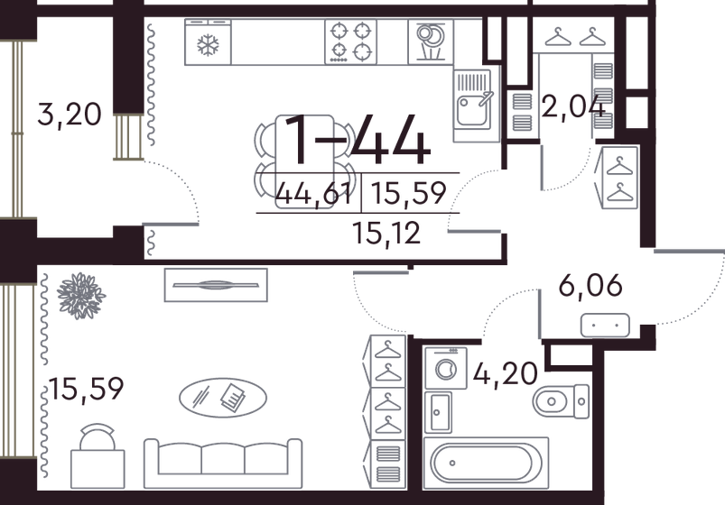 44,7 м², 1-комнатная квартира 22 006 672 ₽ - изображение 1