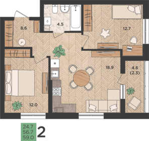 58,3 м², 2-комнатная квартира 7 462 400 ₽ - изображение 4