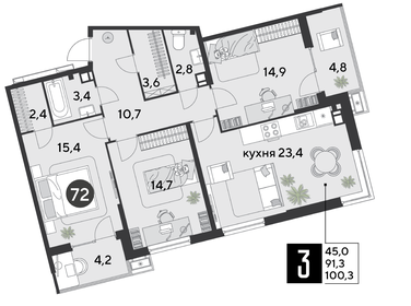 Квартира 100,3 м², 3-комнатная - изображение 2