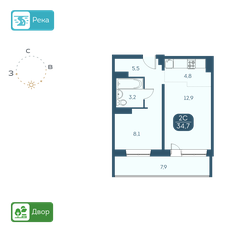 Квартира 34,7 м², 2-комнатная - изображение 3