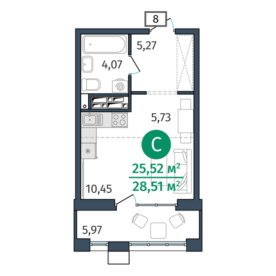 25,5 м², 1-комнатная квартира 4 871 000 ₽ - изображение 1