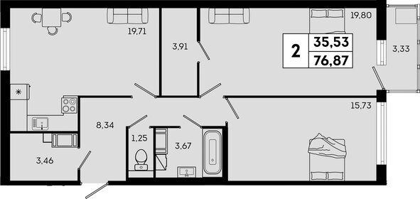 Квартира 76,9 м², 2-комнатная - изображение 1