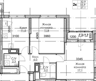 Квартира 57,1 м², 2-комнатная - изображение 1