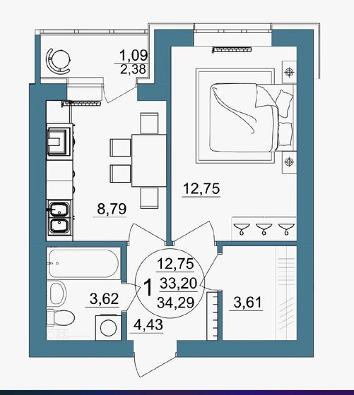 34 м², 1-комнатная квартира 2 923 000 ₽ - изображение 1