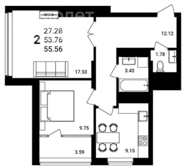 55,5 м², 2-комнатная квартира 9 500 000 ₽ - изображение 1