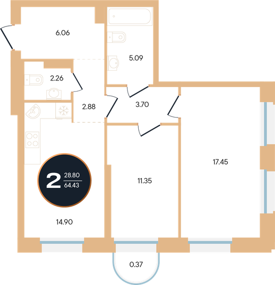 64,4 м², 2-комнатная квартира 16 043 070 ₽ - изображение 1