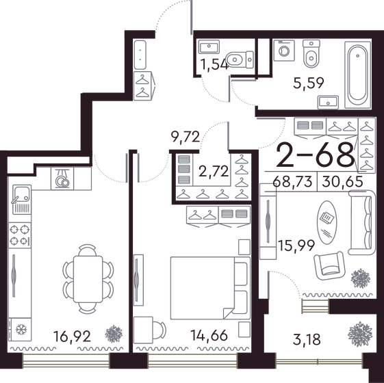 68,9 м², 2-комнатная квартира 29 137 942 ₽ - изображение 1