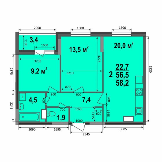 58,2 м², 2-комнатная квартира 5 754 816 ₽ - изображение 1