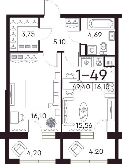 49,6 м², 1-комнатная квартира 23 274 108 ₽ - изображение 1