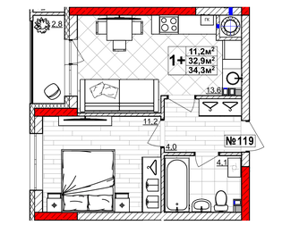 Квартира 34,3 м², 1-комнатная - изображение 1