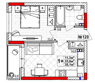 Квартира 35,1 м², 1-комнатная - изображение 1