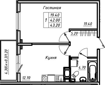 Квартира 43,2 м², 1-комнатная - изображение 1