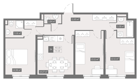 Квартира 74,2 м², 3-комнатные - изображение 1