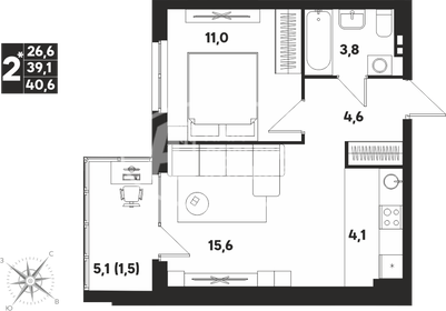 Квартира 40,6 м², 2-комнатная - изображение 1