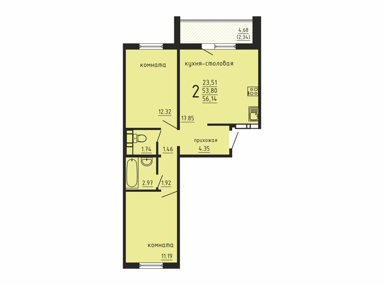 56,1 м², 2-комнатная квартира 5 380 000 ₽ - изображение 1