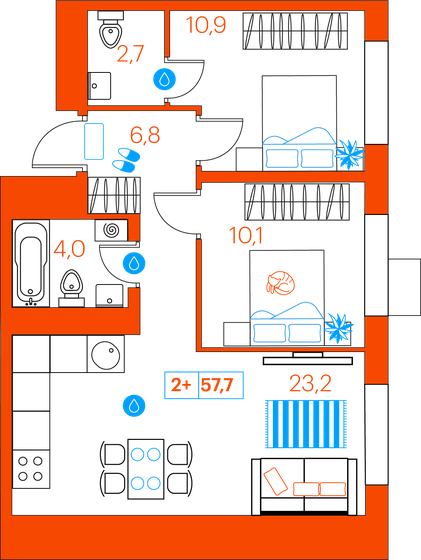 57,7 м², 2-комнатная квартира 6 780 000 ₽ - изображение 1