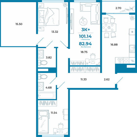 82,9 м², 3-комнатная квартира 12 450 000 ₽ - изображение 1