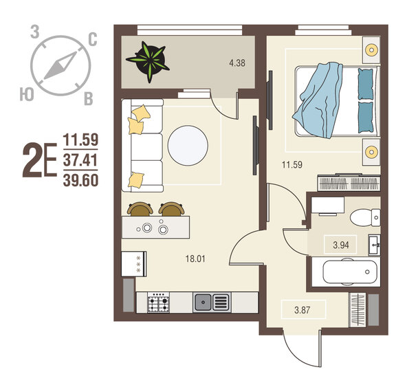 39,6 м², 1-комнатная квартира 3 880 800 ₽ - изображение 16