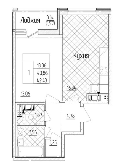 42,4 м², 1-комнатная квартира 5 950 000 ₽ - изображение 1