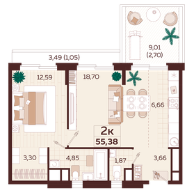 Квартира 55,4 м², 2-комнатная - изображение 1