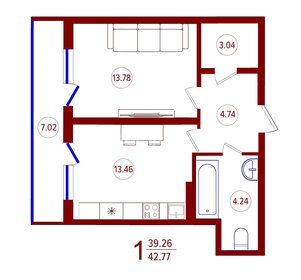 43,8 м², 1-комнатная квартира 5 699 200 ₽ - изображение 16