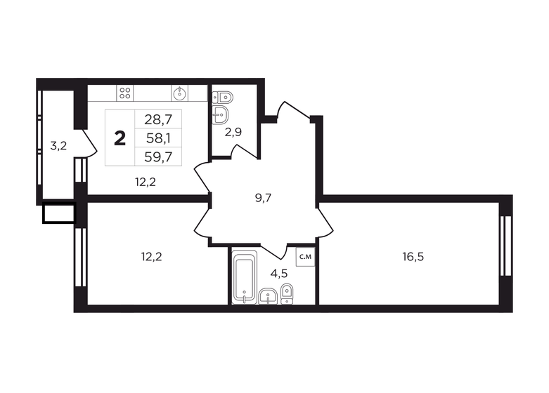 61,3 м², 2-комнатная квартира 6 310 290 ₽ - изображение 1