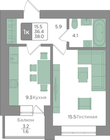 Квартира 36,4 м², 1-комнатная - изображение 1