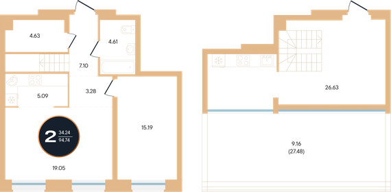 Квартира 94,7 м², 2-комнатная - изображение 1