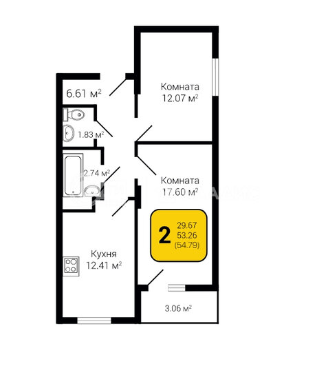 54,8 м², 2-комнатная квартира 5 150 000 ₽ - изображение 1