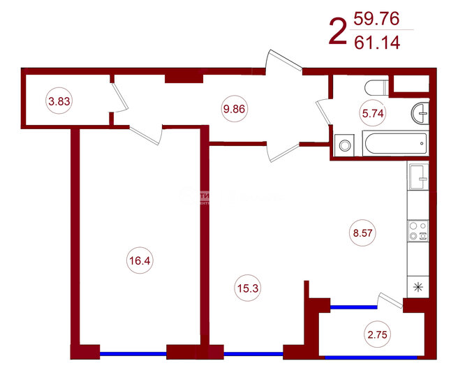 61,1 м², 2-комнатная квартира 7 642 500 ₽ - изображение 1